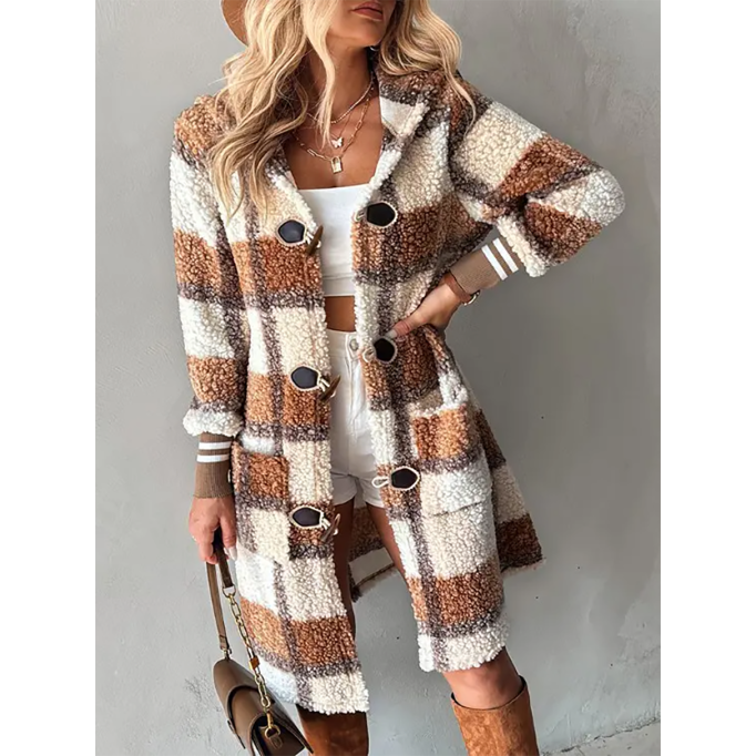 Plaid Print Horn Toggle Button Hooded Teddy Coat