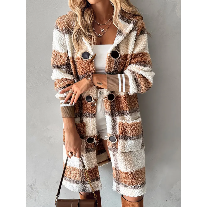 Plaid Print Horn Toggle Button Hooded Teddy Coat