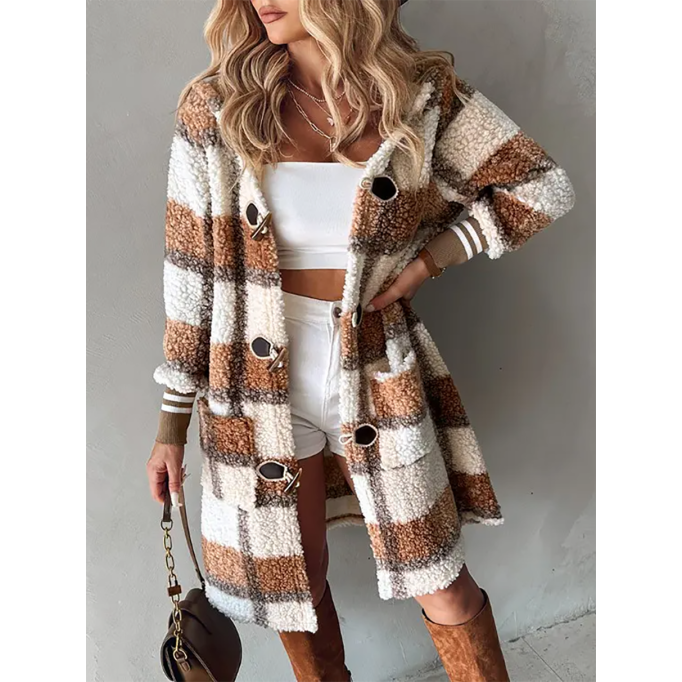 Plaid Print Horn Toggle Button Hooded Teddy Coat