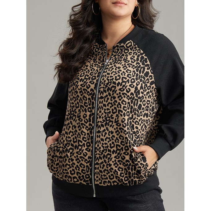 Plus-size women's elegant leopard-print patchwork coat