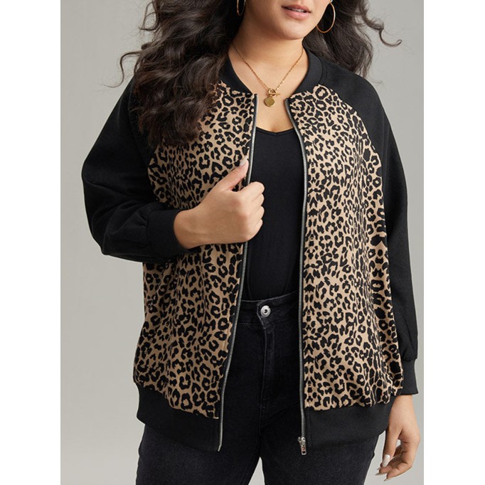 Plus-size women's elegant leopard-print patchwork coat