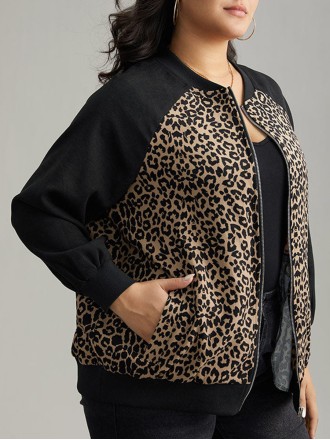 Plus-size women's elegant leopard-print patchwork coat