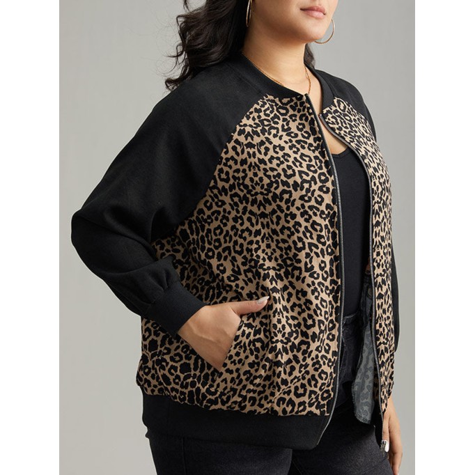 Plus-size women's elegant leopard-print patchwork coat