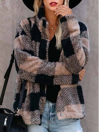 Plush Plaid Lapel Top Jacket