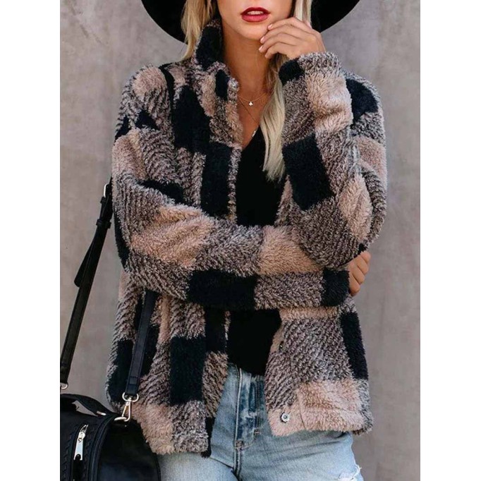 Plush Plaid Lapel Top Jacket