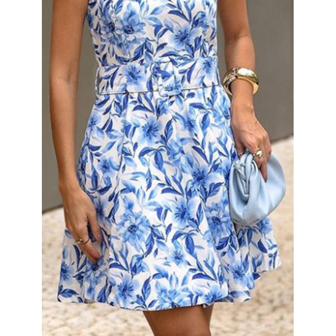 Print dress with neck and waist