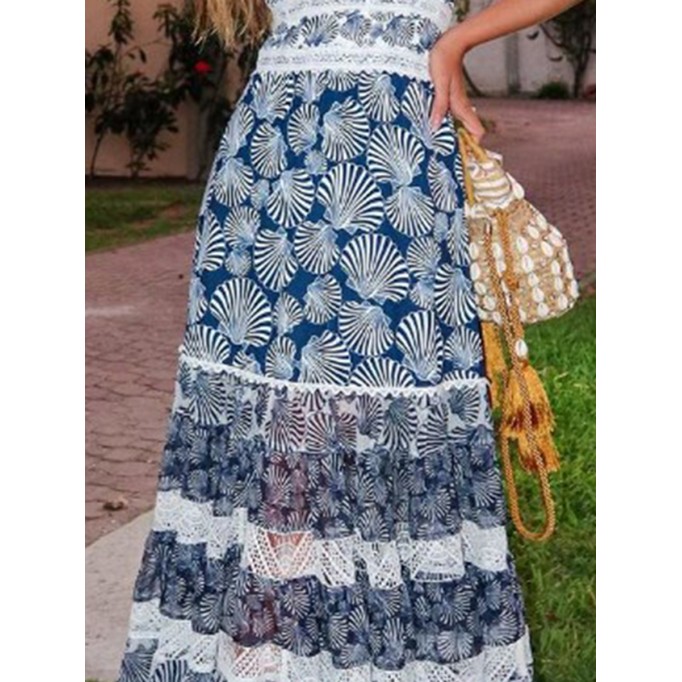 Printed lace patchwork dress with V-neck and neck