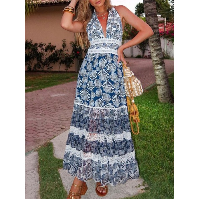 Printed lace patchwork dress with V-neck and neck