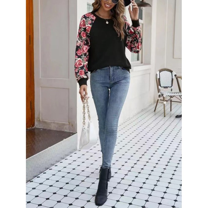 Printed patchwork casual round neck long-sleeved sweatshirt