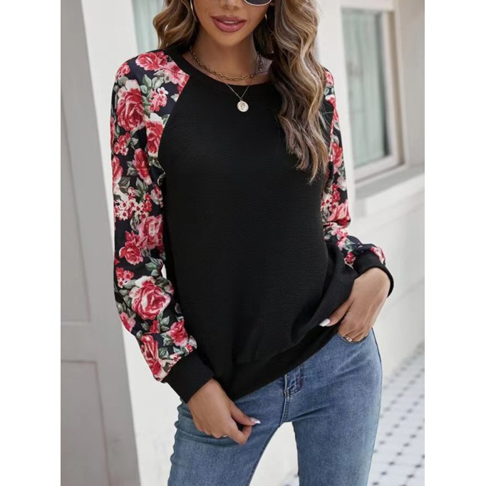 Printed patchwork casual round neck long-sleeved sweatshirt