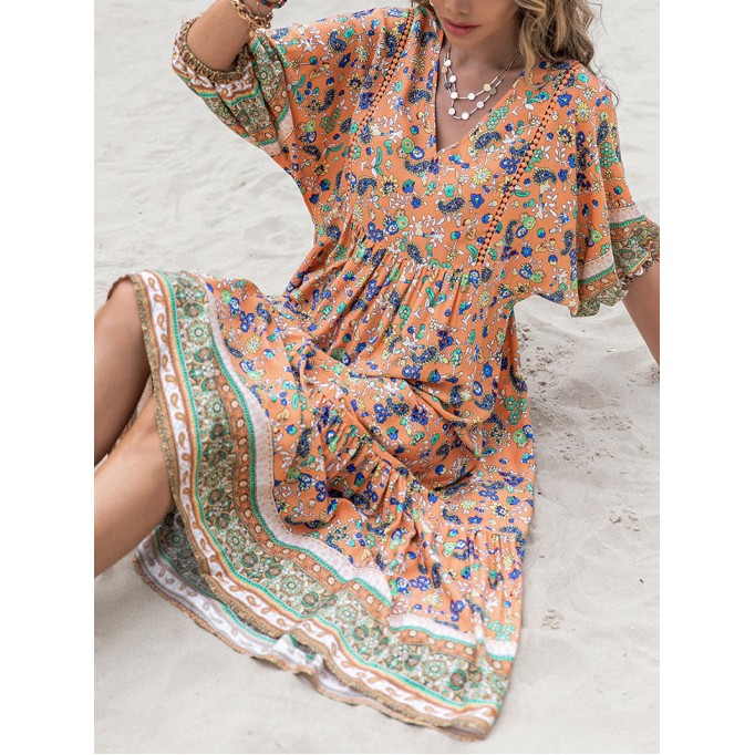 Printed V-Neck Short Sleeve Maxi Dress