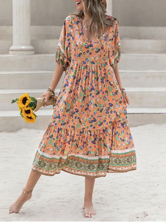 Printed V-Neck Short Sleeve Maxi Dress