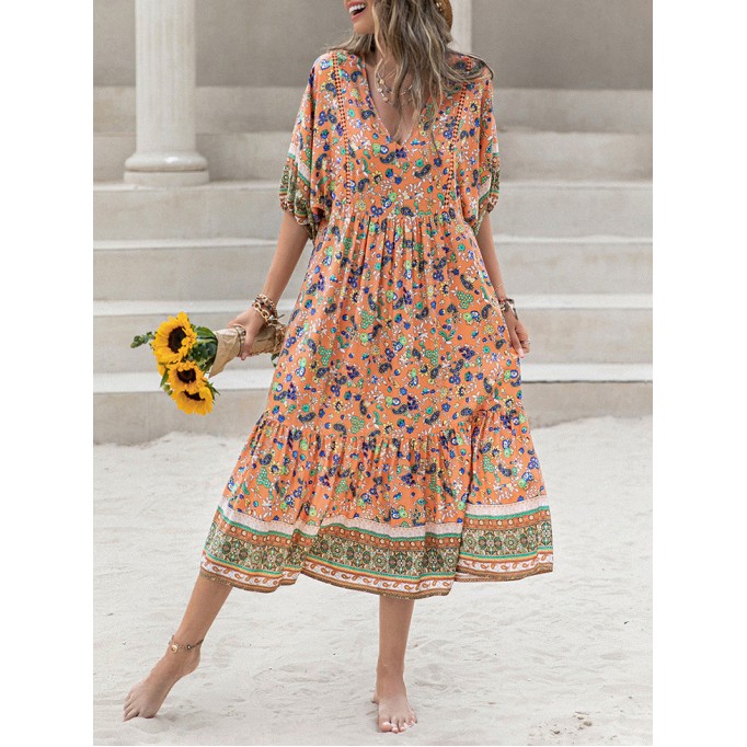 Printed V-Neck Short Sleeve Maxi Dress