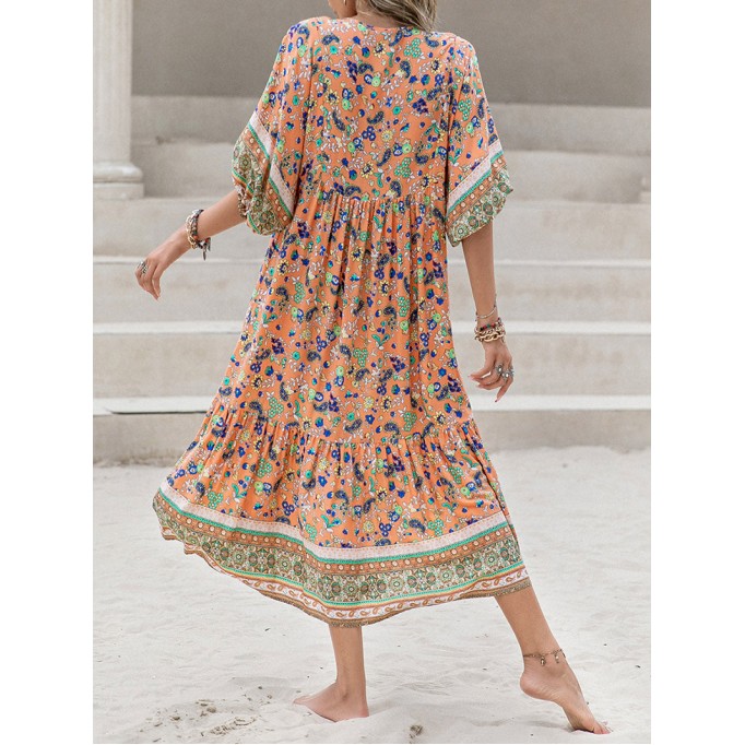 Printed V-Neck Short Sleeve Maxi Dress