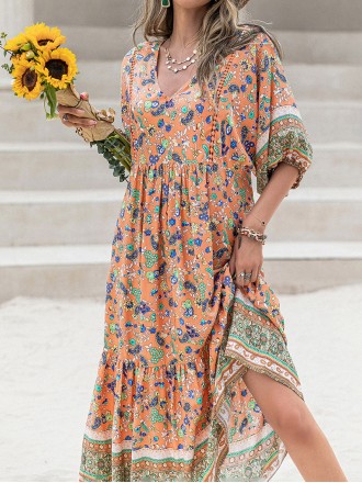 Printed V-Neck Short Sleeve Maxi Dress