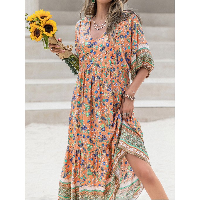 Printed V-Neck Short Sleeve Maxi Dress