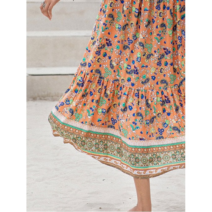 Printed V-Neck Short Sleeve Maxi Dress