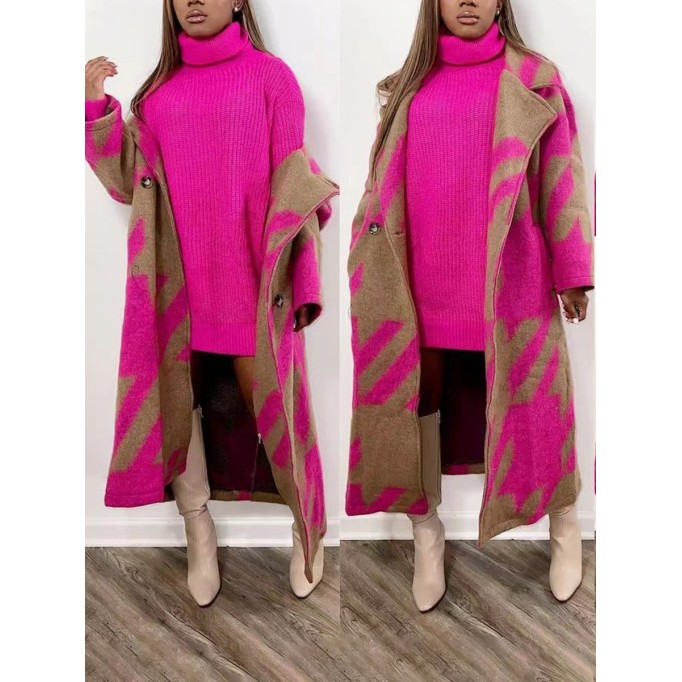 Qianniao grid color matching printed long woolen coat