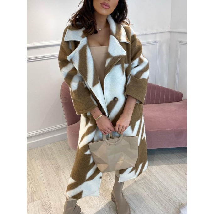 Qianniao grid color matching printed long woolen coat