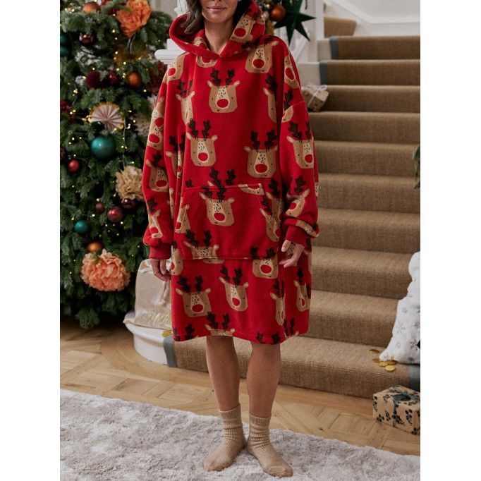 Red Reindeer Womens Oversized Blanket Hoodie