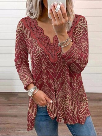 Retro lace patchwork printed T-shirt