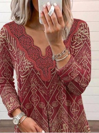 Retro lace patchwork printed T-shirt