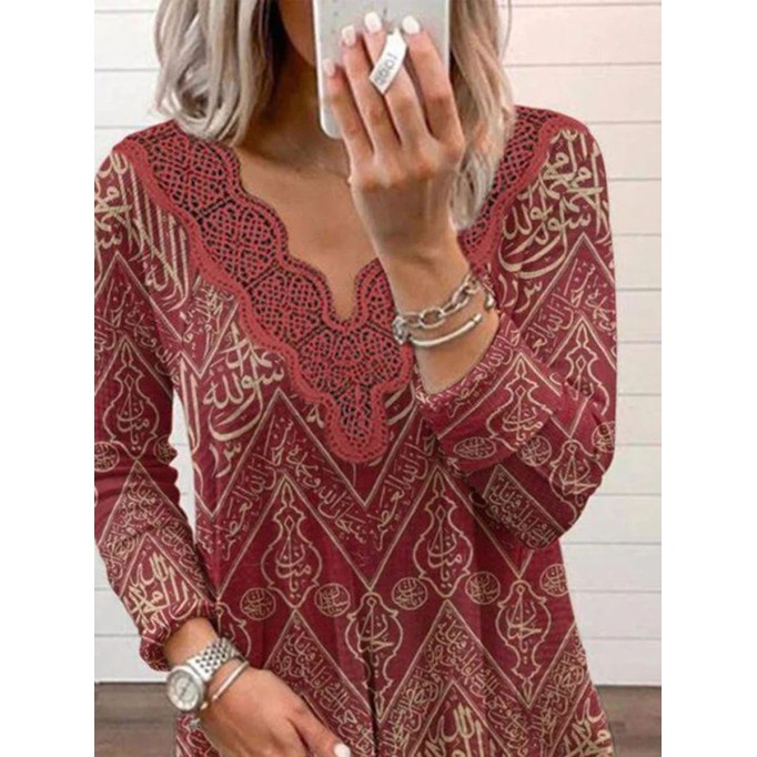 Retro lace patchwork printed T-shirt