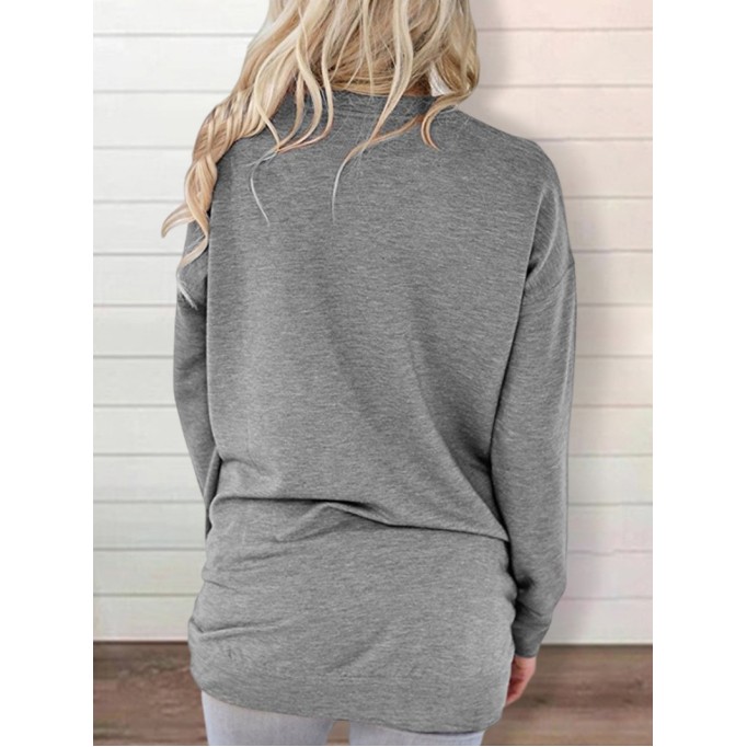 Round neck baton long sleeve pocket solid color loose T-shirt