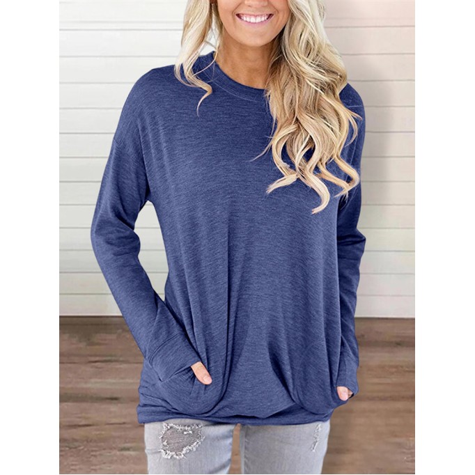 Round neck baton long sleeve pocket solid color loose T-shirt