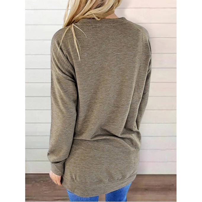 Round neck baton long sleeve pocket solid color loose T-shirt