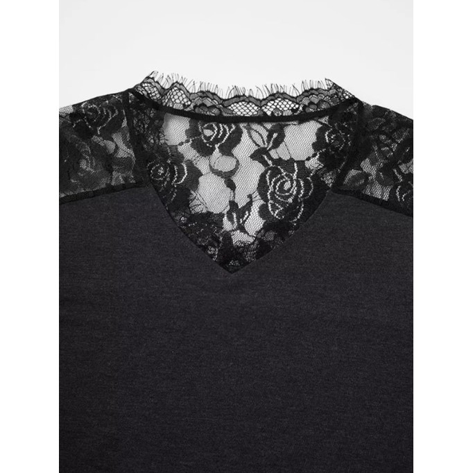 Sexy simple V-neck lace patchwork T-shirt