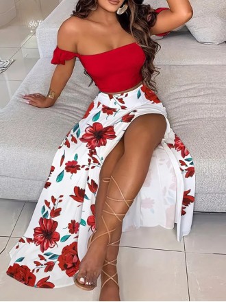 Sexy strapless, off-the-shoulder printed half skirt vacation set