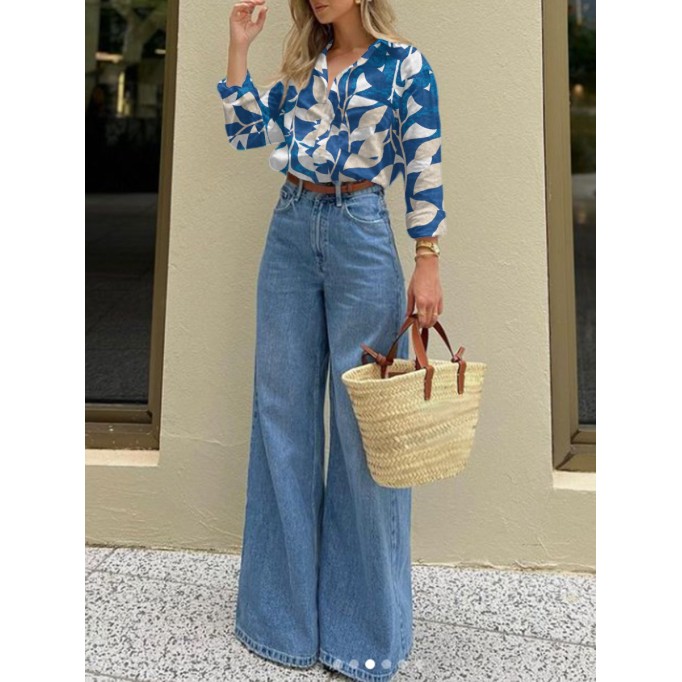 Simple and elegant printed loose shirt + denim trousers 2-piece set