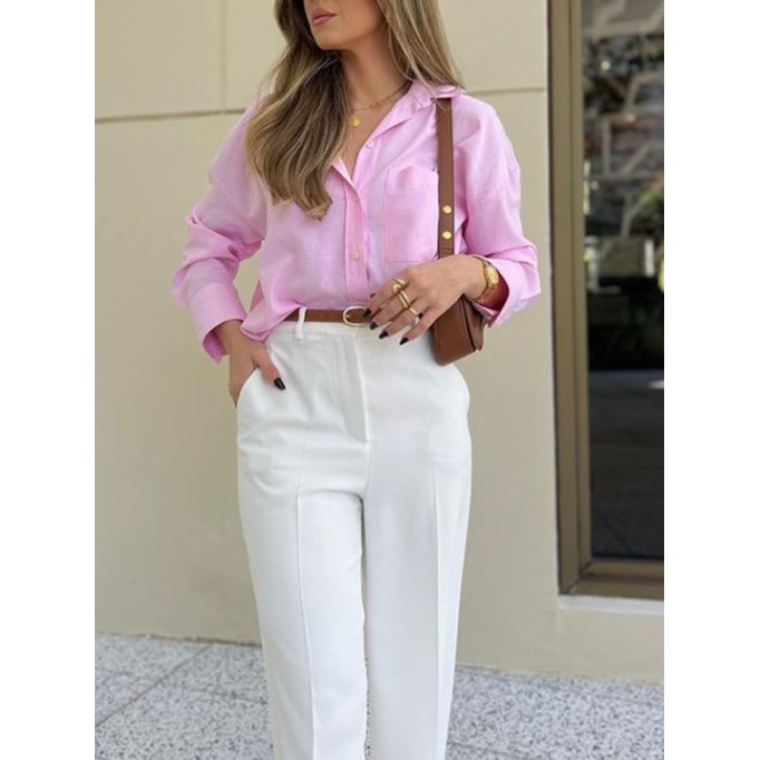 Simple elegant loose shirt + solid color pants 2-piece set