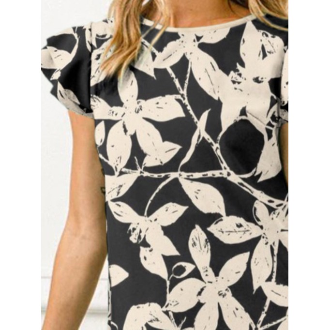 Simple elegant print dress with small flying sleeves