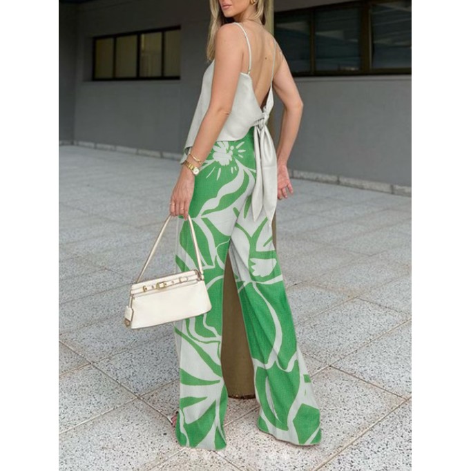 Simple print halter + wide-leg trousers 2-piece set