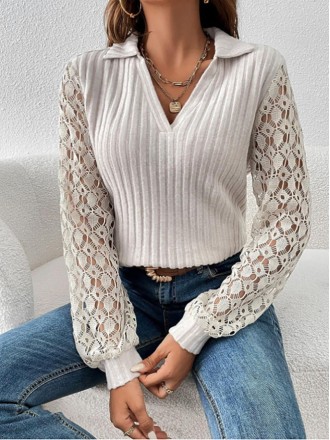 Solid color lace hollow long-sleeved V-neck pullover shirt