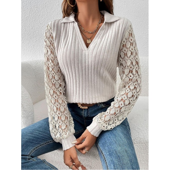 Solid color lace hollow long-sleeved V-neck pullover shirt