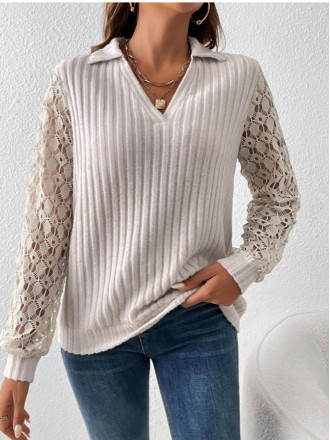 Solid color lace hollow long-sleeved V-neck pullover shirt