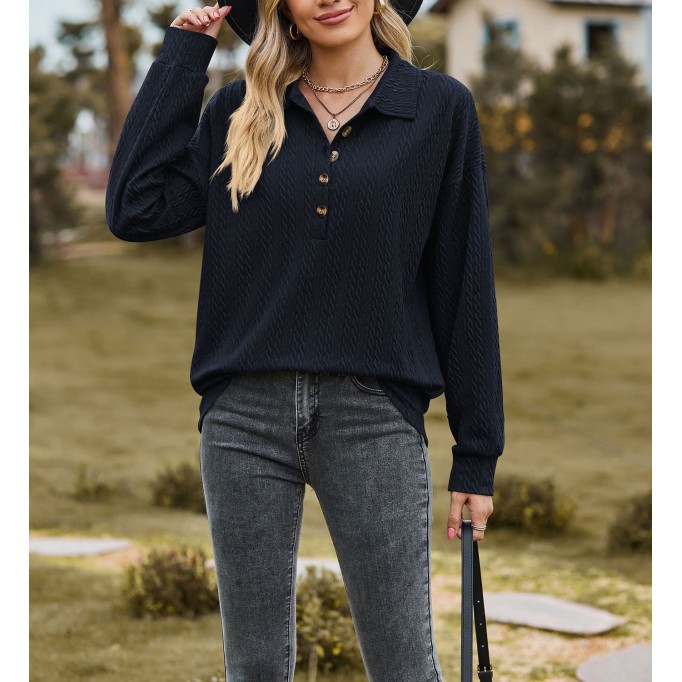 Solid color lapel button loose long sleeved sweater