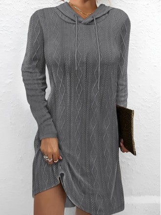 Solid color long sleeve hooded pullover knitted dress