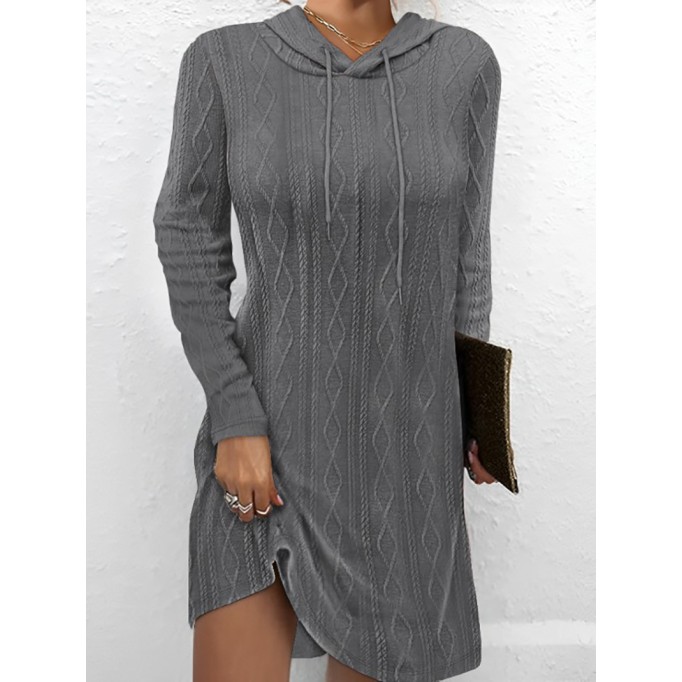 Solid color long sleeve hooded pullover knitted dress