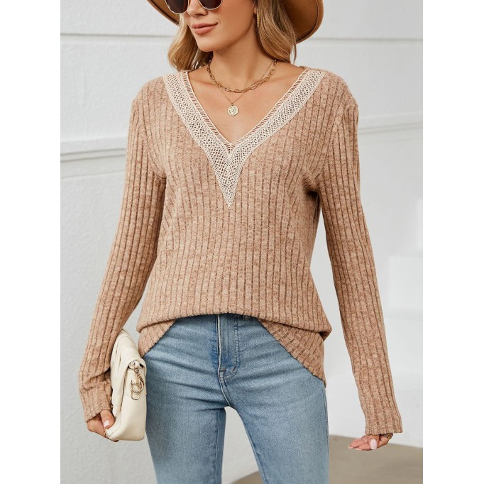 Solid pit stripe patchwork V-neck long sleeved loose fitting T-shirt