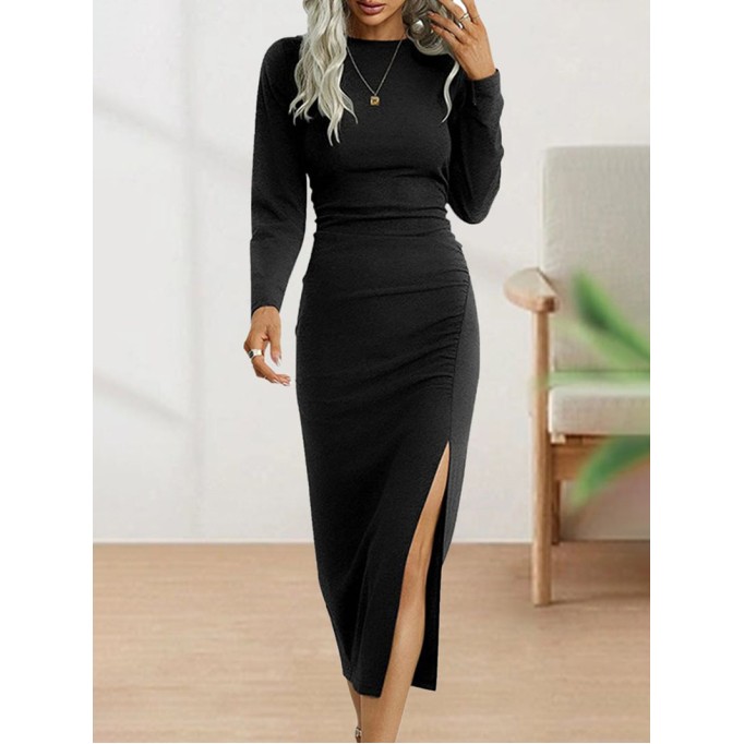 Solid Round Neck Slim Long Sleeve Split Dress