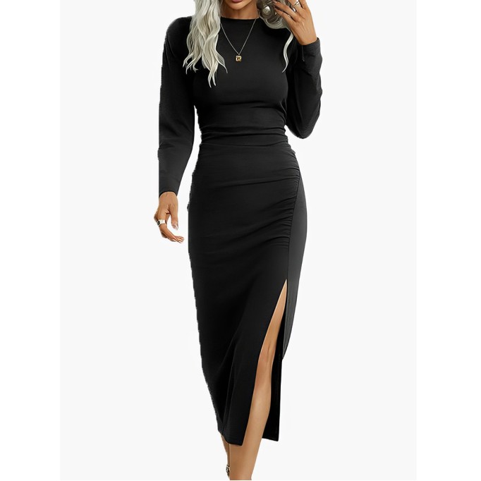 Solid Round Neck Slim Long Sleeve Split Dress