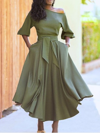 Solid Tie Pocket Long Sleeve Dress