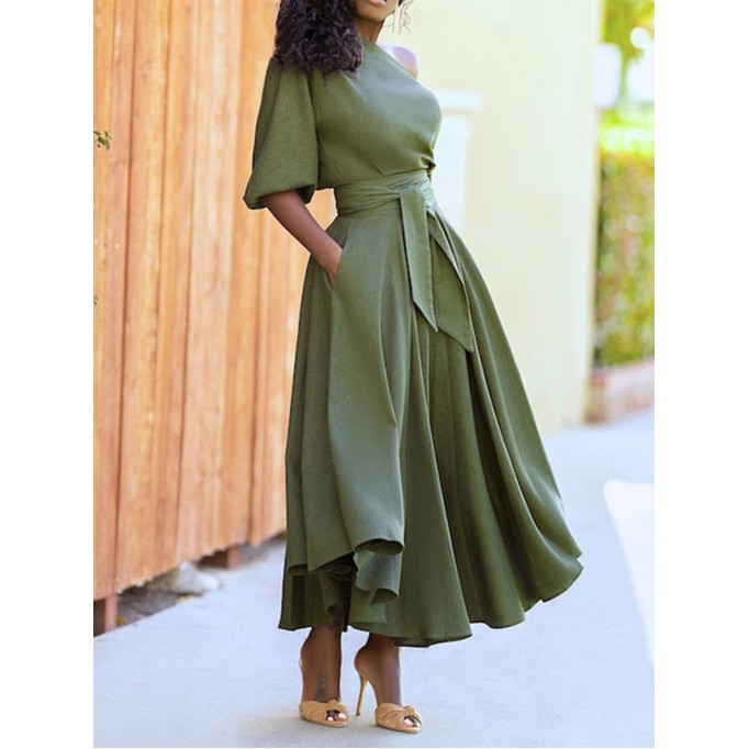 Solid Tie Pocket Long Sleeve Dress