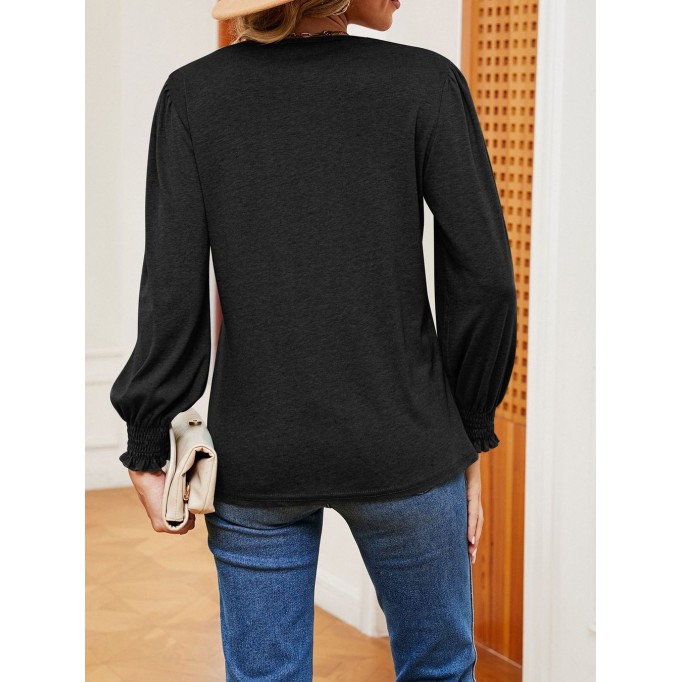 Solid V-neck gold lace patchwork loose fitting long sleeved T-shirt