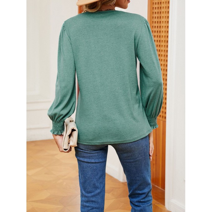 Solid V-neck gold lace patchwork loose fitting long sleeved T-shirt