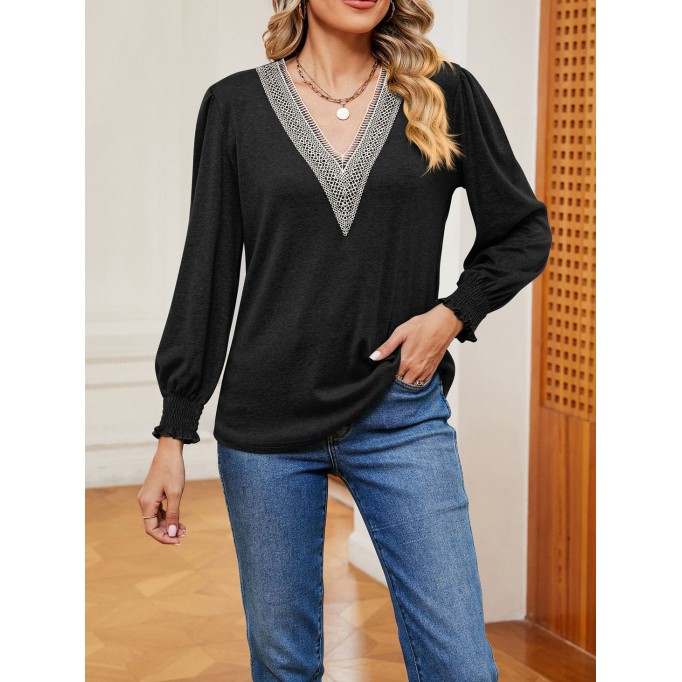 Solid V-neck gold lace patchwork loose fitting long sleeved T-shirt